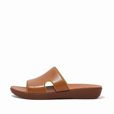 Fitflop H-Bar Pop Binding Leather Slides - Sandalen Damen - HellBraun (BJD106498)